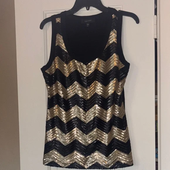 Karen Kane Black and Gold Chevron Sequin Tank Top L - Picture 2 of 6